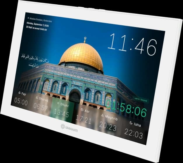 White Ummahti Adhan clock showing prayer times on its 10.1-inch display